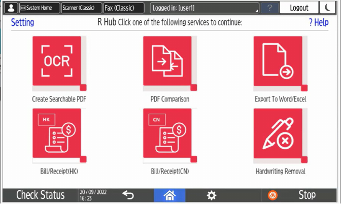 PDF 中的 R Hub 多功能打印機介面,包含 OCR、文件比較、轉換、發票及手寫移除選項
